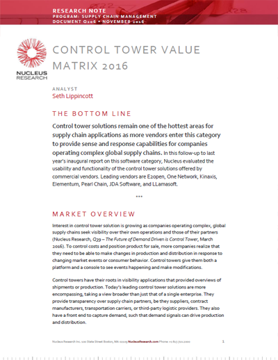 Supply Chain Control Towers Value Matrix - Nucleus Research 2016